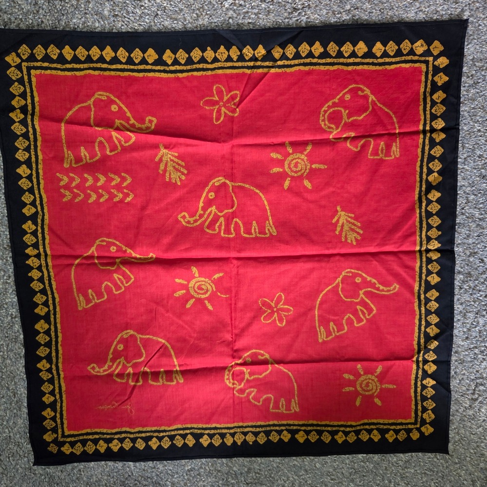 Jim Thompson Thai Cotton Scarf Red Gold Elephant Print Bandana Handkerchief